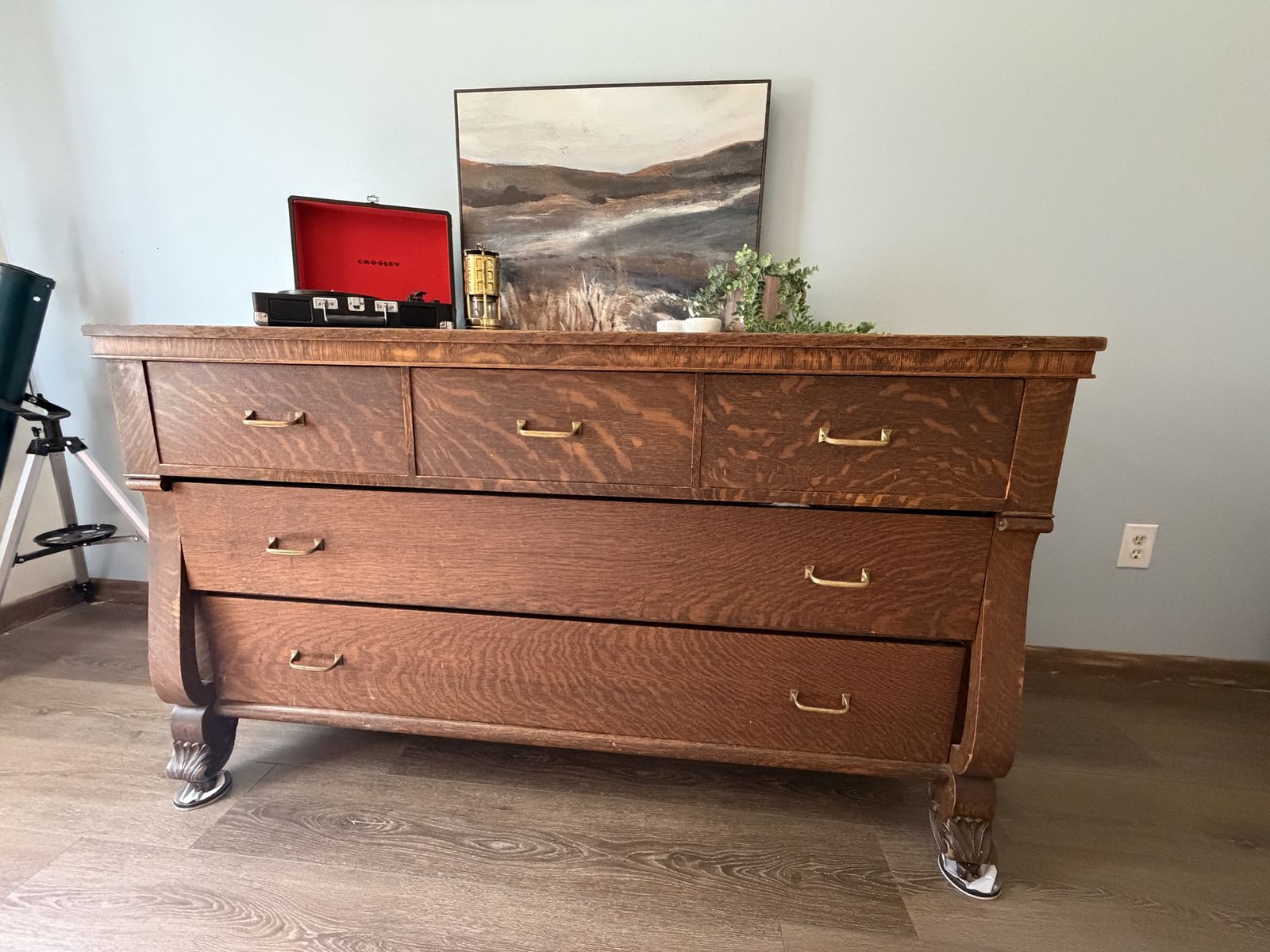 Vintage Antique Oak Wood Dresser with Carved Feet and Multiple Drawers