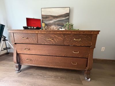 Vintage Antique Oak Wood Dresser with Carved Feet and Multiple Drawers