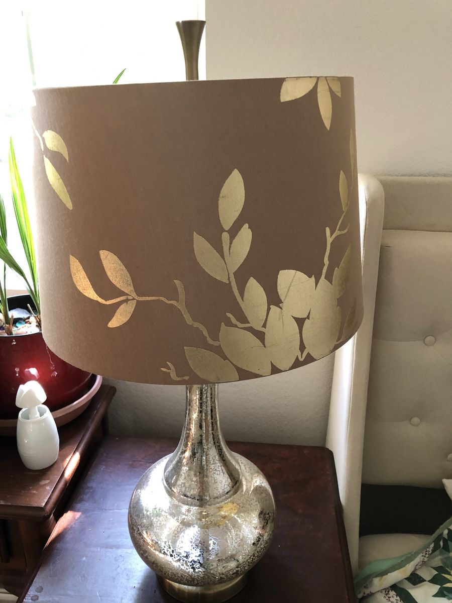 Mercury Glass Table Lamp with Gold Botanical Leaf Shade