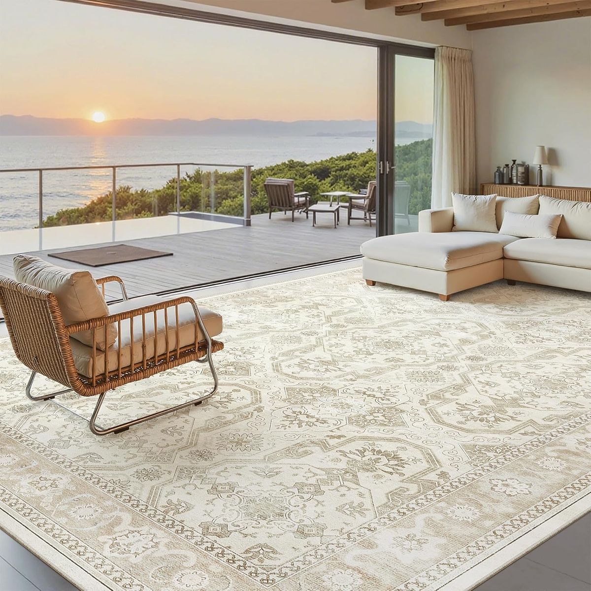 NEW 8x10 Area Rugs, Washable Rugs, Large Stain Resistant Beige Vintage Farmhouse