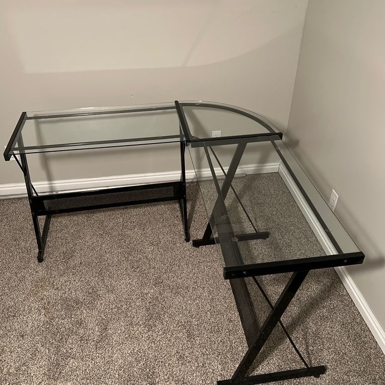 Modern Glass L-Shaped Desk with Black Metal Frame