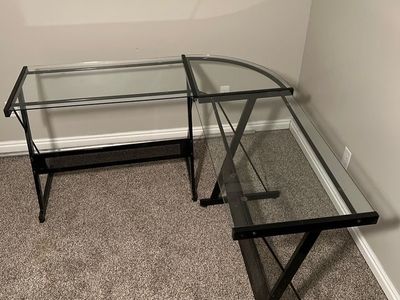 Modern Glass L-Shaped Desk with Black Metal Frame