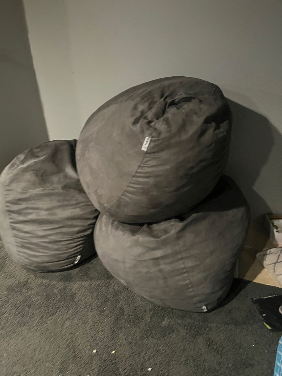 3 Comfy Gray Lounge Bean Bags, 4 ft Diameter - Great for Relaxing!