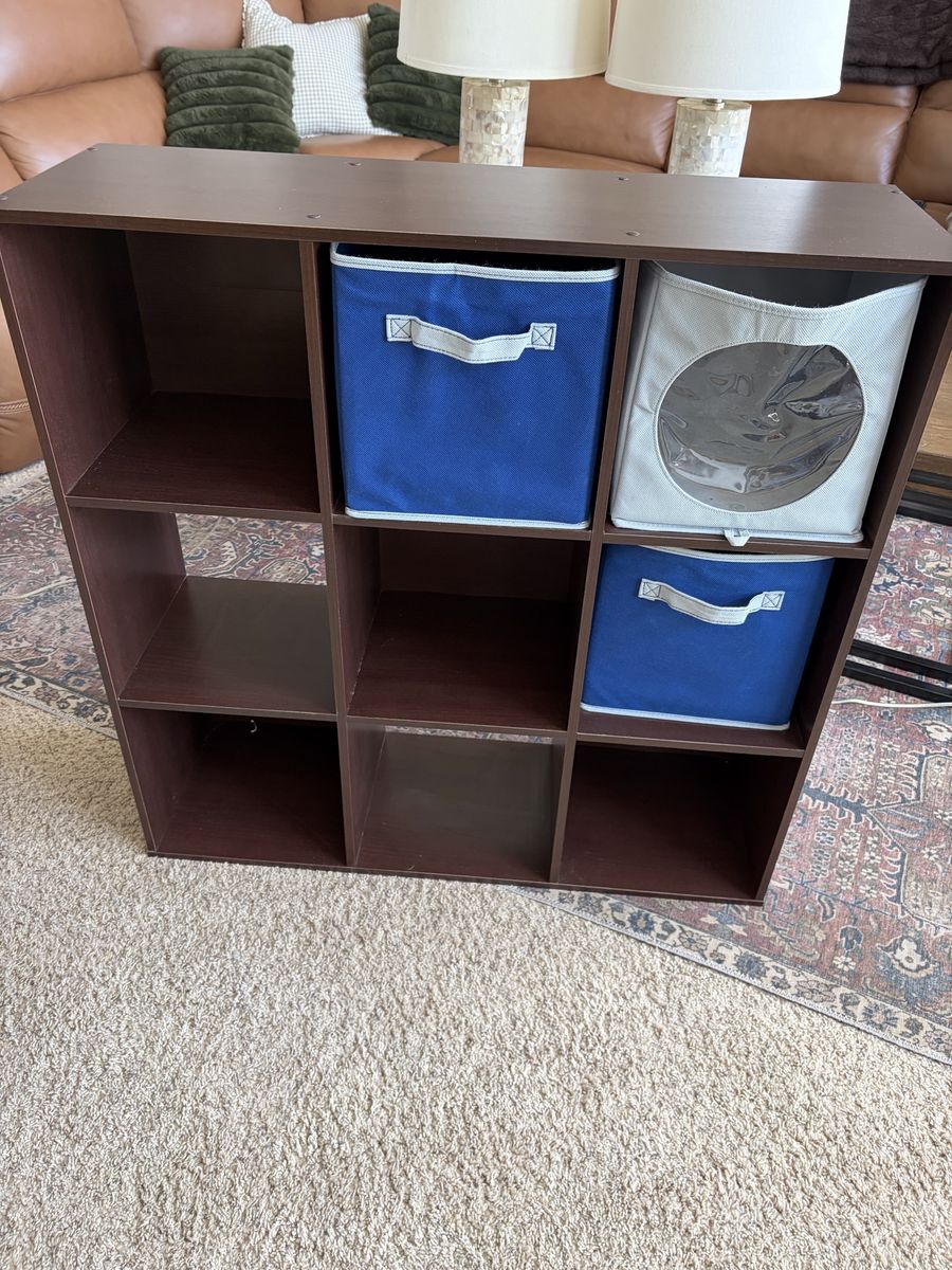Dark Wood Cube Storage Organizer with 9 Cubbies, Shelf Unit for Organization