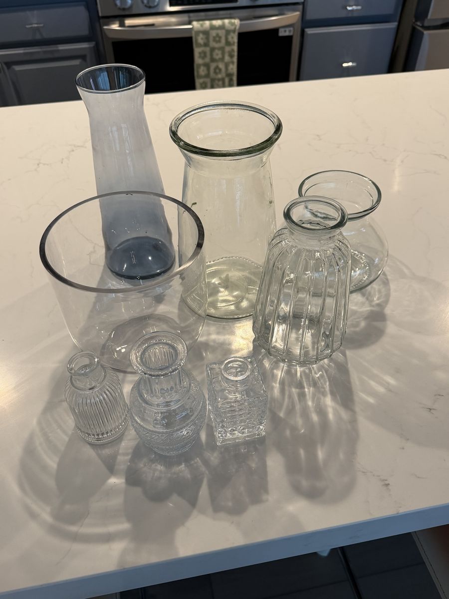 Assorted Glass Vases - Clear & Blue Decorative Flower Holders - Set of 7