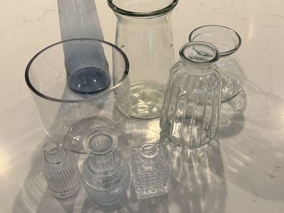 Assorted Glass Vases - Clear & Blue Decorative Flower Holders - Set of 7