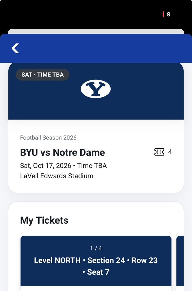BYU vs. Notre Dame — 4 Lower Bowl Tickets Together