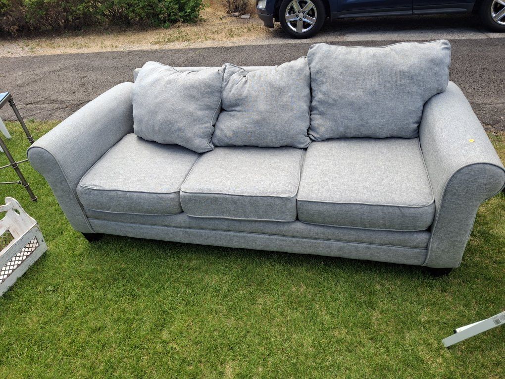Grey Fabric Sofa with Rolled Arms and Three Cushions - Excellent Condition