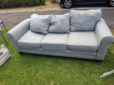 Grey Fabric Sofa with Rolled Arms and Three Cushions - Excellent Condition