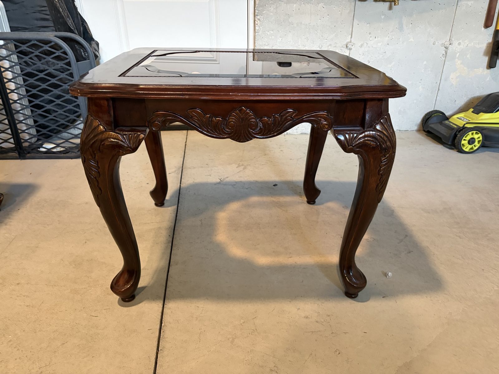 Vintage Carved Wood & Glass Top End Table - Accent Side Table