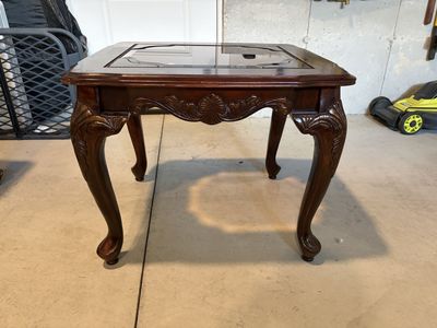Vintage Carved Wood & Glass Top End Table - Accent Side Table
