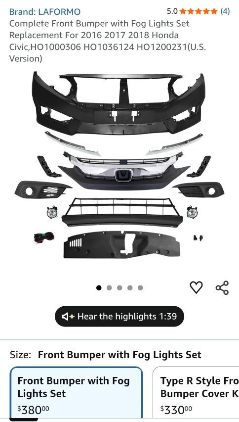 BRAND NEW FRONT BUMPER WITH FOG LIGHTS – FITS 2016–2018 HONDA CIVI