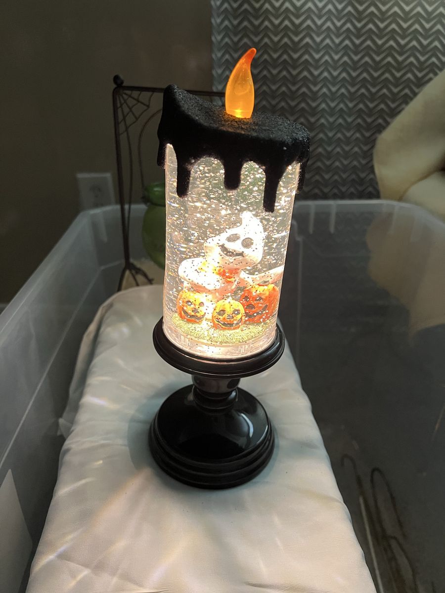Light-Up Halloween Ghost & Pumpkins Glitter Water Globe Candle Pedestal
