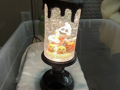 Light-Up Halloween Ghost & Pumpkins Glitter Water Globe Candle Pedestal