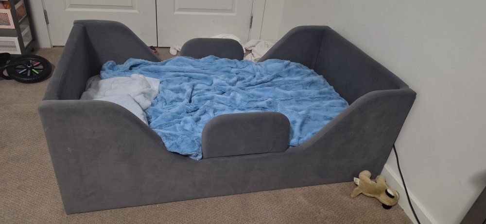 toddler grey upholstered bed w/ safety rails