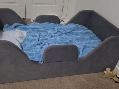 toddler grey upholstered bed w/ safety rails