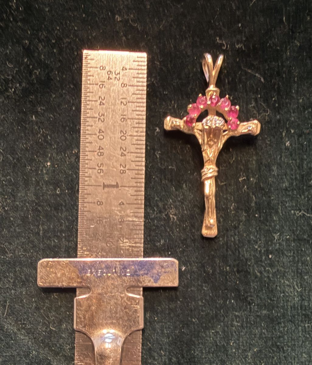 10k Gold Crucifix Pendant with Red Gemstones