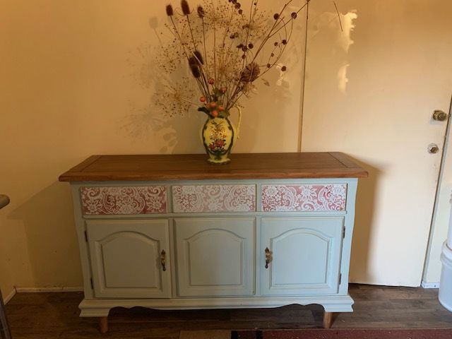 Shabby Chic Light Blue Sideboard Buffet with Wood Top & Ornate Drawer Details
