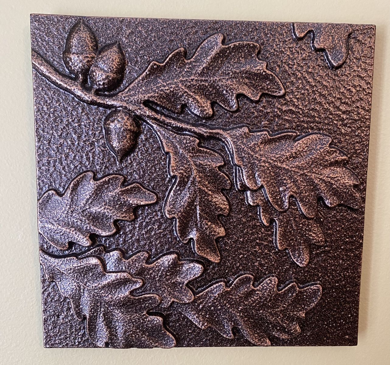 Hand Crafted 8” Metallic 3D Wall Art - Antique Copper Hand Painted in French Bronze - Scrub Oak + Acorns