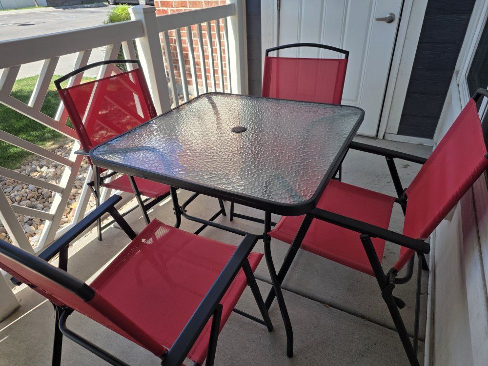 Red Patio Set - Square Glass-Top Table & 4 Chairs - Outdoor Furniture Dining Set