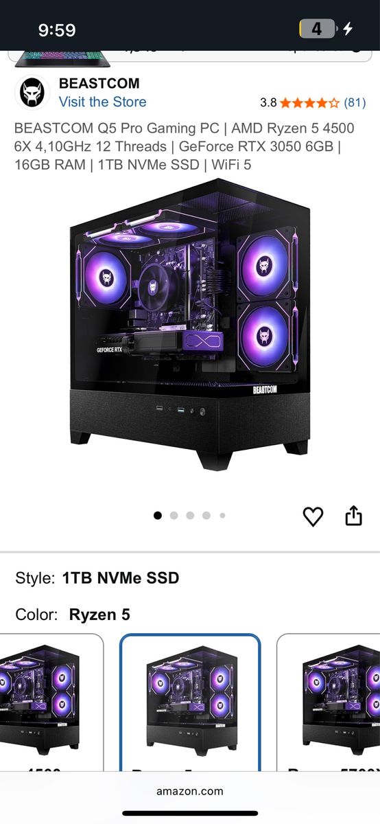 BEASTCOM Q5 Pro Gaming PC AMD Ryzen 5 4500 RTX 3050 1TB NVMe