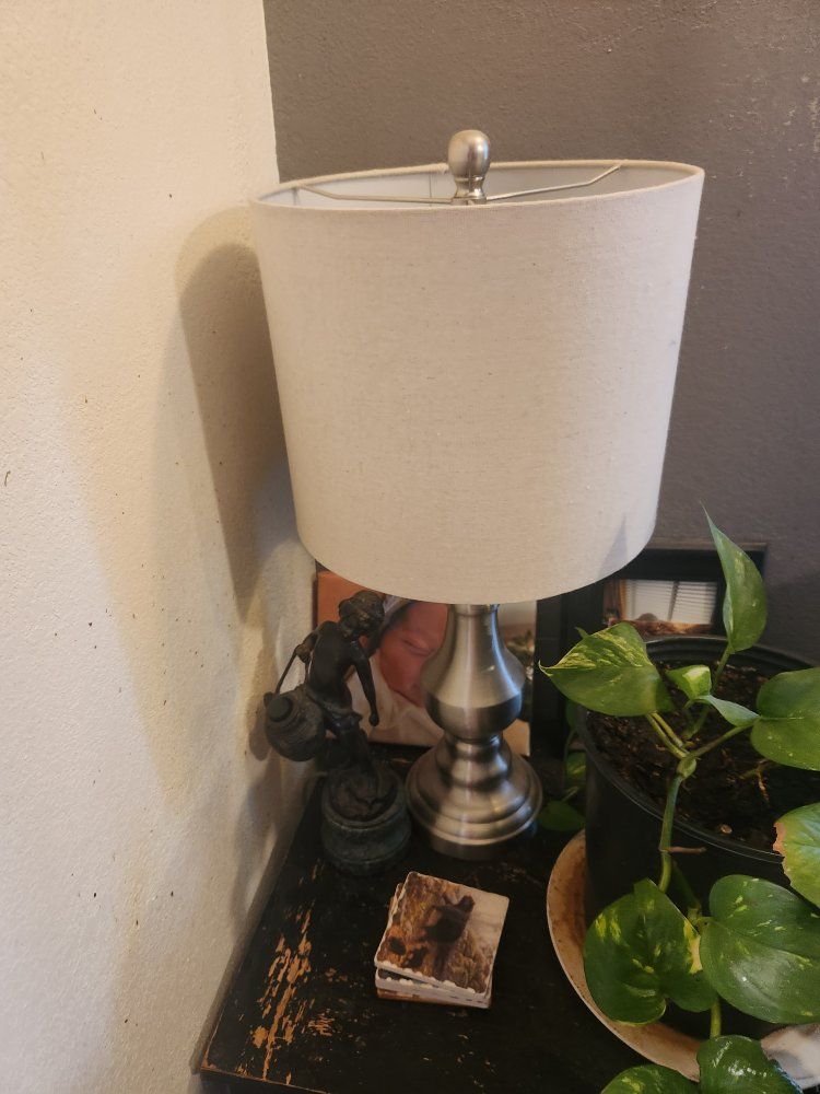 Brushed Nickel Table Lamp with Off-White Fabric Shade