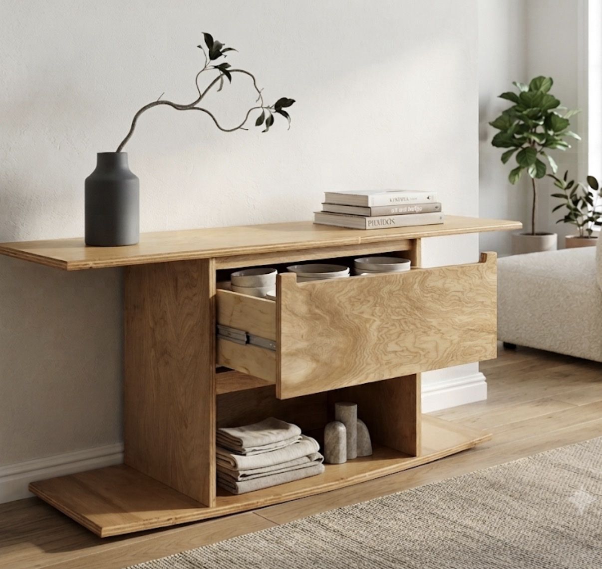 Modern Minimalist Oak Console Table w/ 2 Drawers & Open Storage