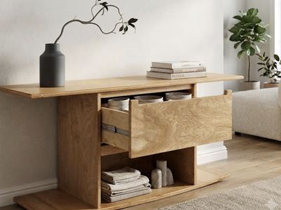 Modern Minimalist Oak Console Table w/ 2 Drawers & Open Storage