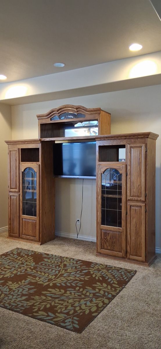 Oak Wood TV Entertainment Center Wall Unit with Storage and Glass Doors