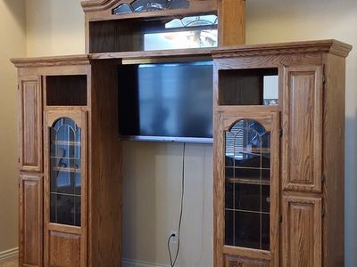 Oak Wood TV Entertainment Center Wall Unit with Storage and Glass Doors
