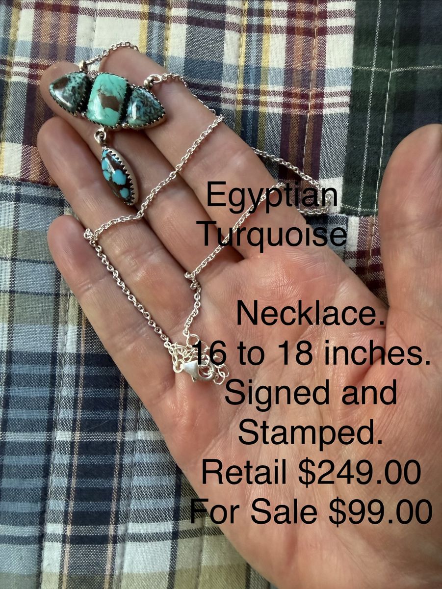 Egyptian Turquoise Sterling Silver Necklace 16 to 18 Inches Signed and Stamped