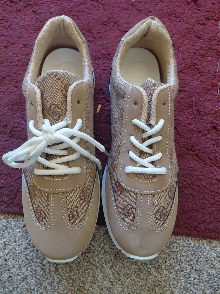 Fashion Sneakers for Women - Beige with Signature Pattern