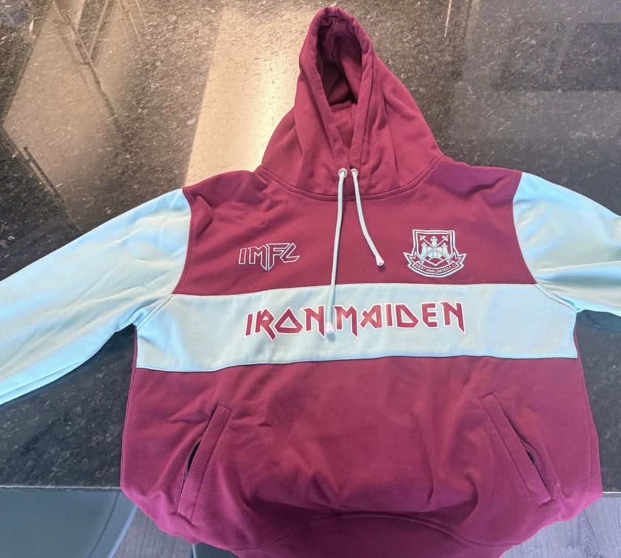 Iron Maiden x West Ham United IMFC Hoodie Maroon Light Blue Size M