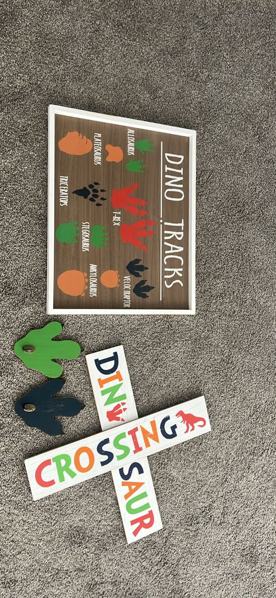 Dinosaur Decor Set: Dino Tracks Sign, Crossing Sign, Hooks & T-Rex Wall Mount