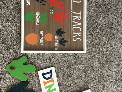 Dinosaur Decor Set: Dino Tracks Sign, Crossing Sign, Hooks & T-Rex Wall Mount