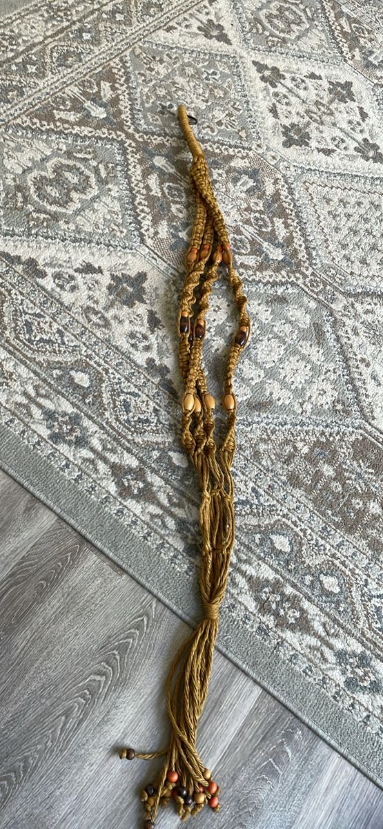  Vintage boho-style mustard yellow/tan jute or coarse fiber macrame plant hanger wooden beads