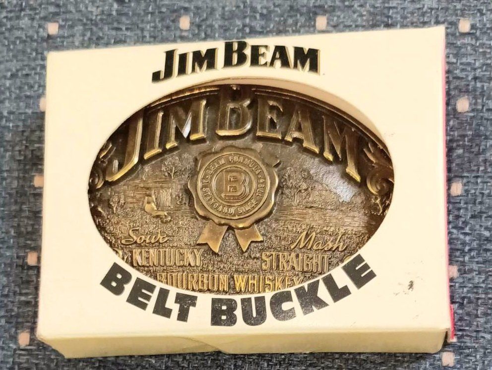 Vintage Jim Beam Kentucky Straight Bourbon Whiskey Brass Belt Buckle with Box