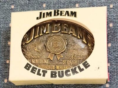 Vintage Jim Beam Kentucky Straight Bourbon Whiskey Brass Belt Buckle with Box