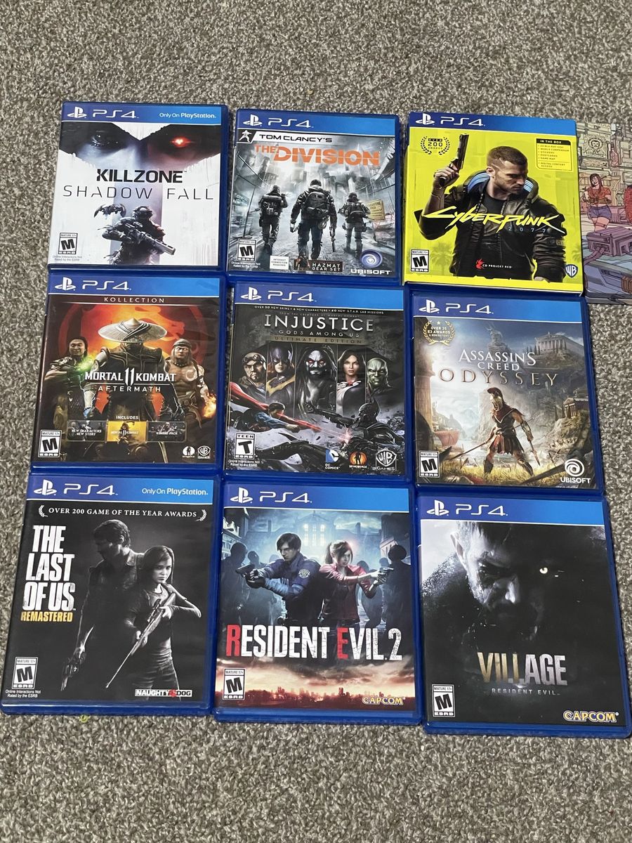 Lot of 9 PS4 Games: Killzone, The Division, Cyberpunk, Mortal Kombat 11, Injustice, Assassin's Creed, The Last of Us, Re
