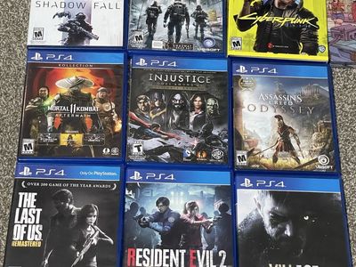 Lot of 9 PS4 Games: Killzone, The Division, Cyberpunk, Mortal Kombat 11, Injustice, Assassin's Creed, The Last of Us, Re