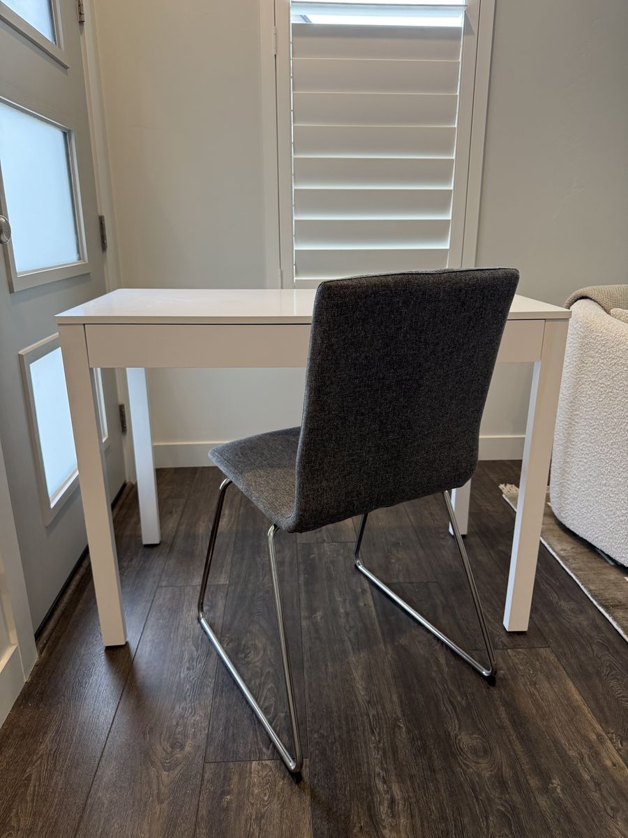 White Overstock Desk & Gray/Blue IKEA Modern Chair - Office Bundle - $90 for both - GREAT Condition!
