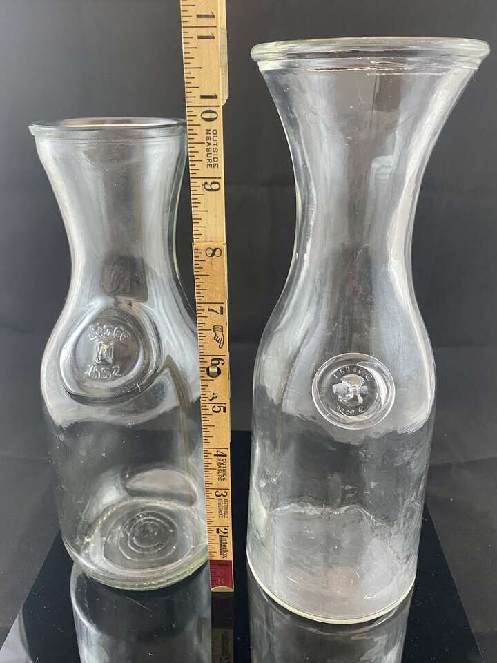 LIKE NEW - Set of Two Vintage Glass Carafe - One Has The Metal Slug - Compare Up To $22 EACH - C PIX