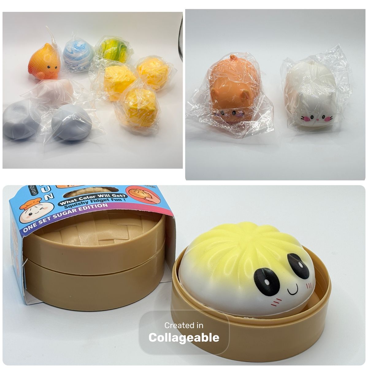 Squishy cheese, balls, cats, foam fire guy, crunchy balls