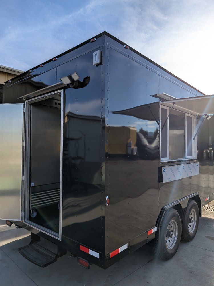 New Black Food Truck Trailer with 3-Compartment Sink, Built-in Shelving & Serving Window