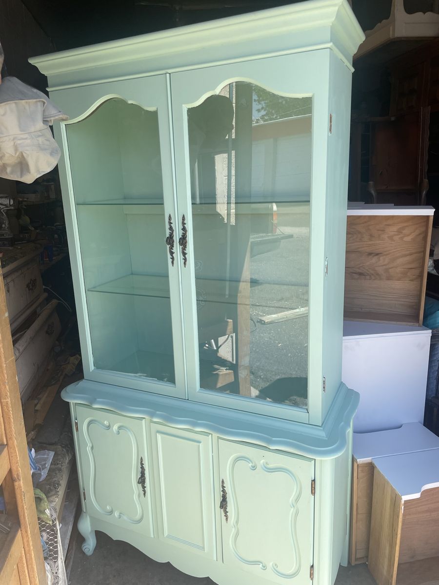Vintage Mint Green China Cabinet Hutch with Glass Doors & Lighting