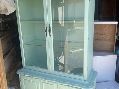 Vintage Mint Green China Cabinet Hutch with Glass Doors & Lighting