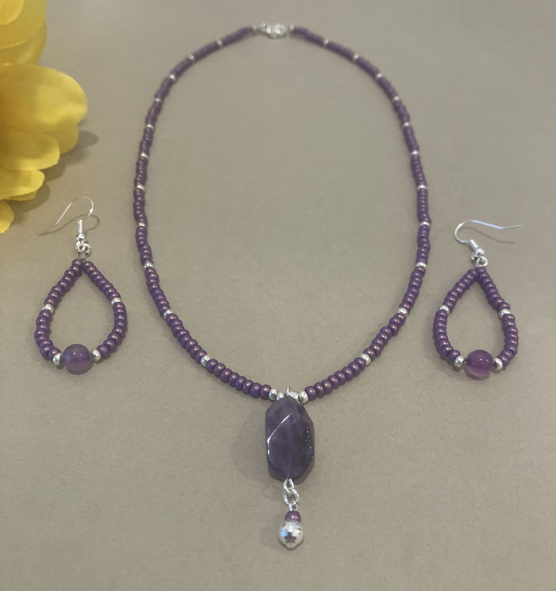 Beaded Amethyst Pendant Necklace & Tear Drop Matching Earrings