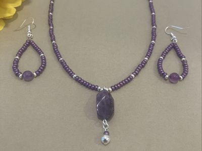 Beaded Amethyst Pendant Necklace & Tear Drop Matching Earrings