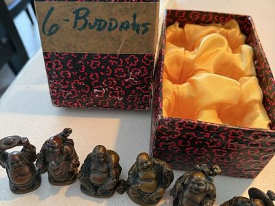 Set of 6 Resin Happy Hotei Laughing Buddha Figurines with Original Decorative Box