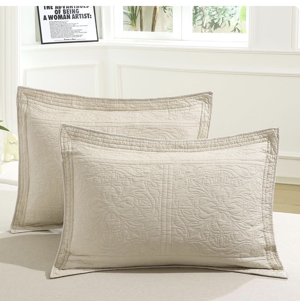 WINLIFE 100% Cotton Quilted Pillow Shams Set of 2 King Size Beige 20x36 In